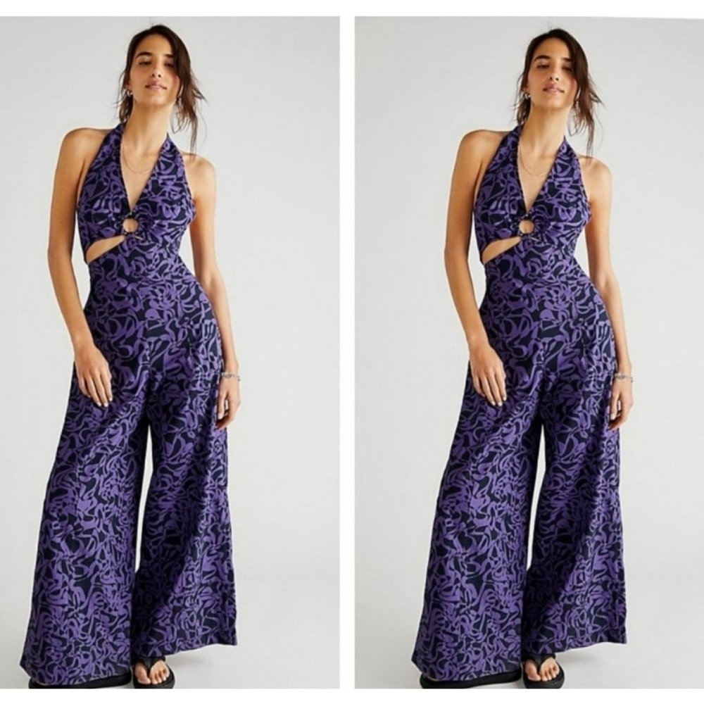NWT Free People Kira Jumpsuit Purple/black Wide Leg Retro size L